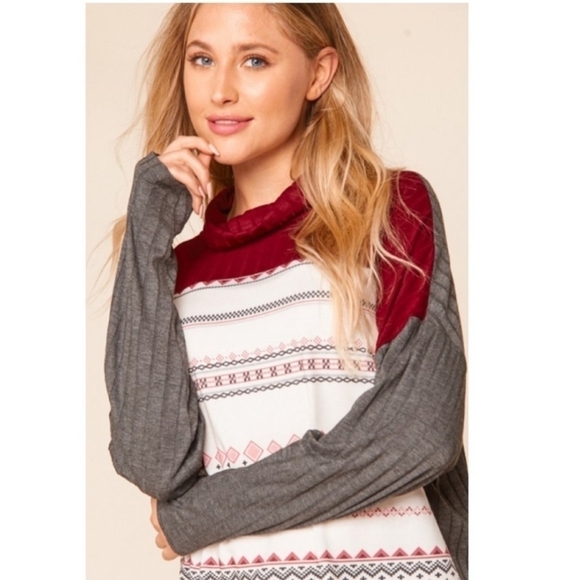 Ribbed Crimson Cowl Neck Turtleneck with French Terry Ethnic/Tribal Print - Picture 2 of 12